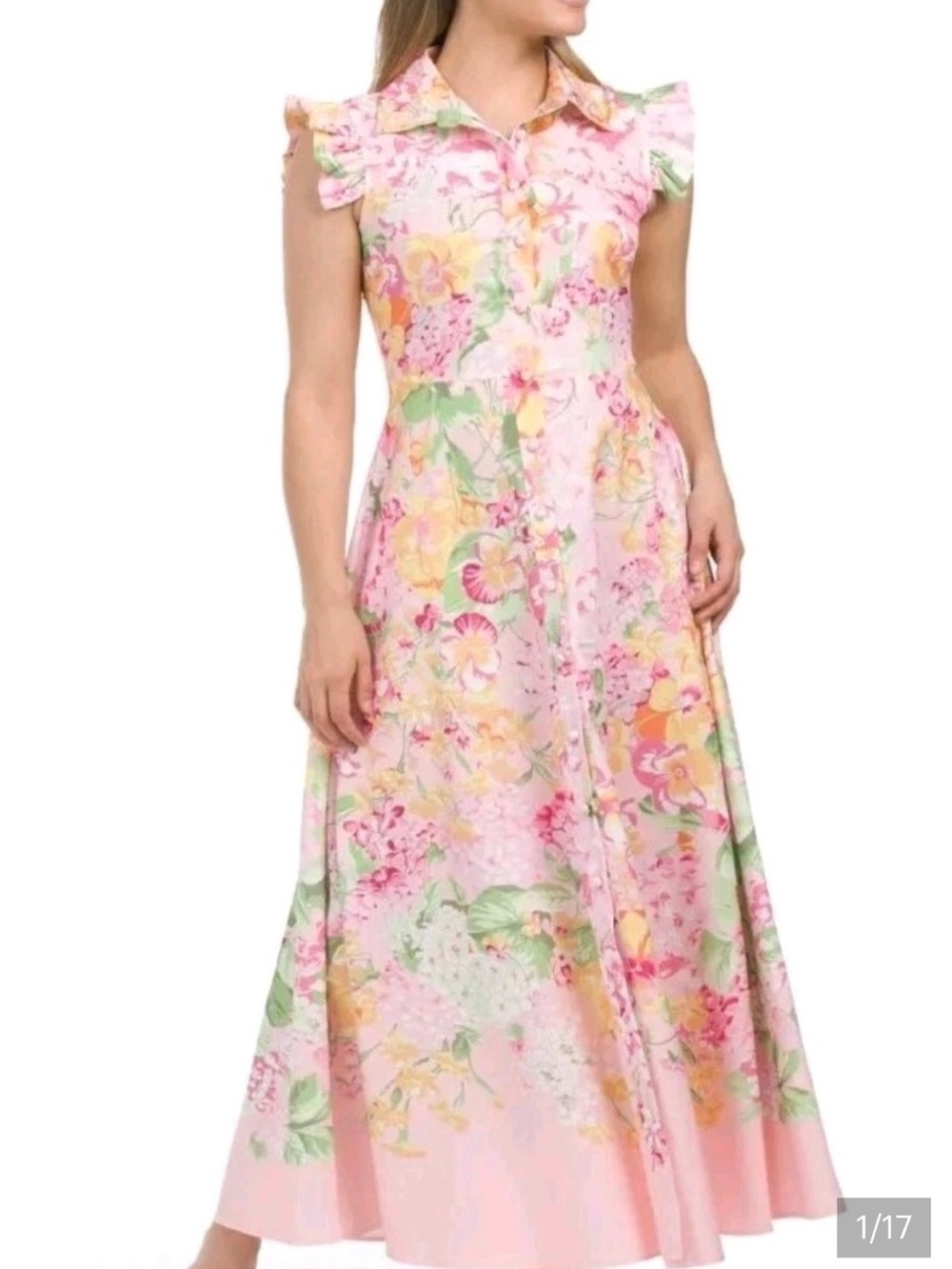 Dalia MacPhee ruffle sleeve floral maxi dress w/ belt NWT Size L